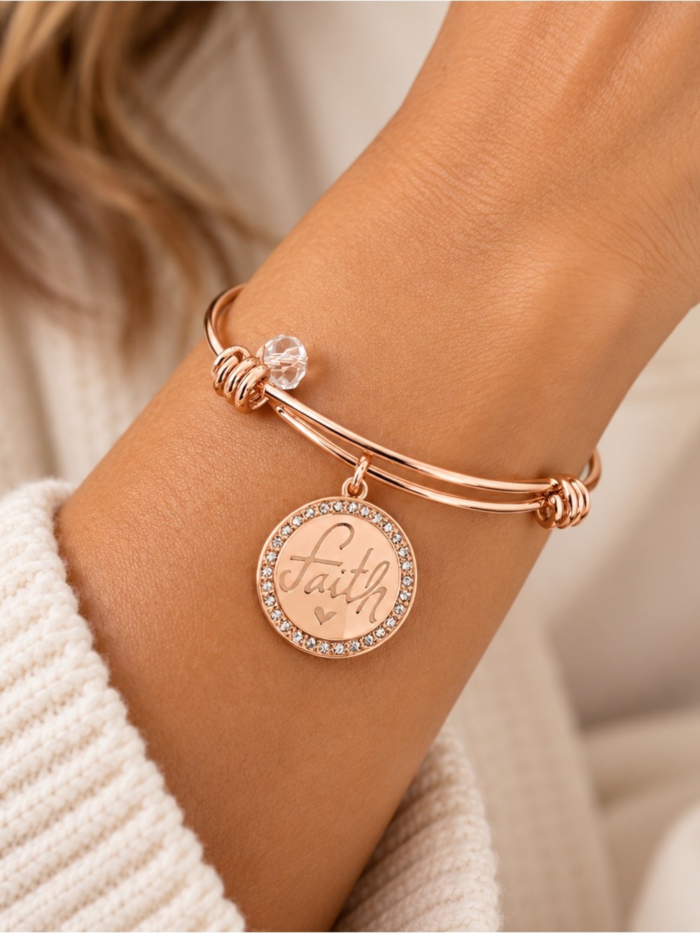 Rose Gold 'Faith' Charm Bangle Bracelet